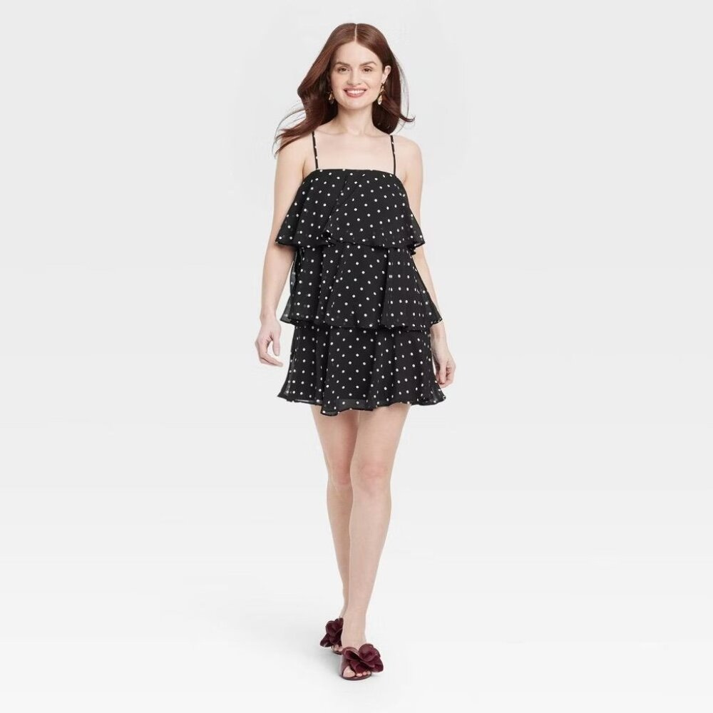 NEW A New Day Tiered Ruffle Mini Shift Dress - Black/White Polka Dots - Size 3X